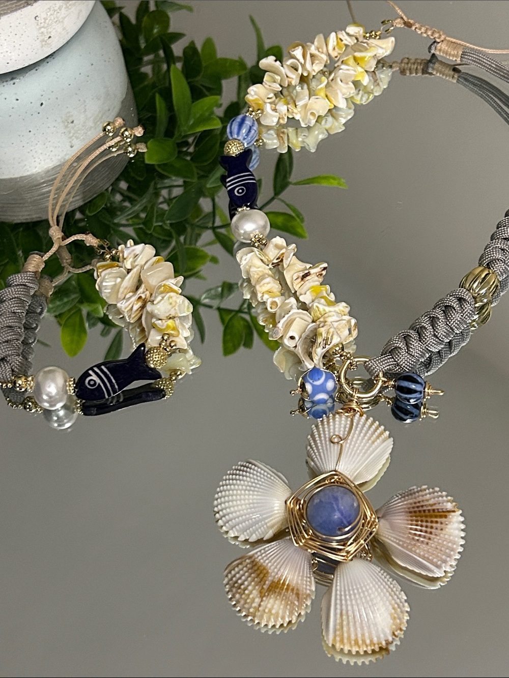Shell Flower Statement Necklace in Pearl, Gold, Blue